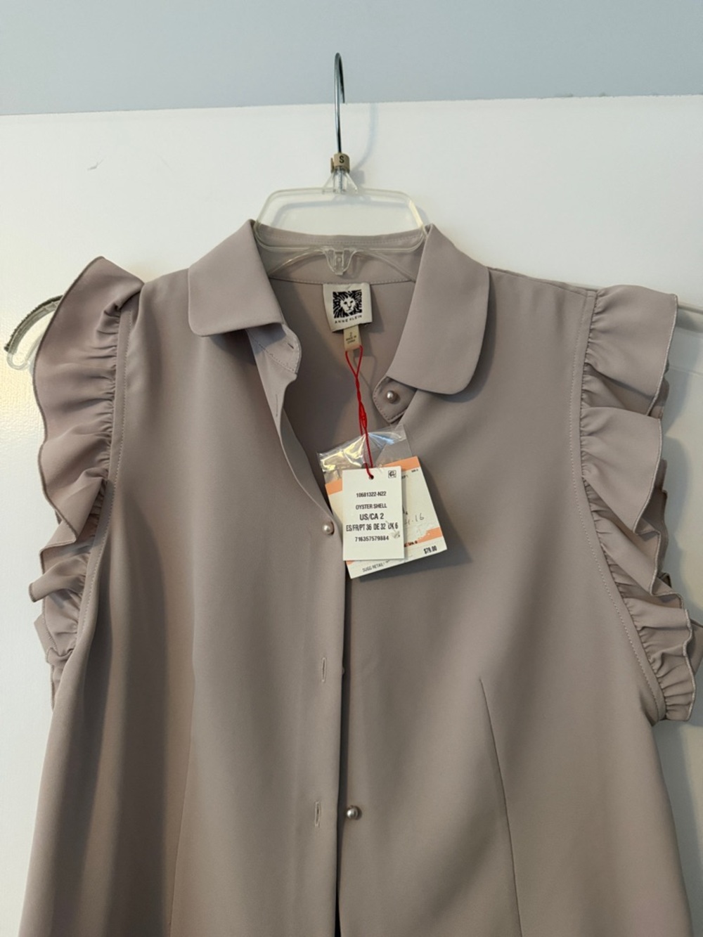Anne Klein Taupe Ruffle-Sleeve Button Front Blouse - Picture 2 of 6
